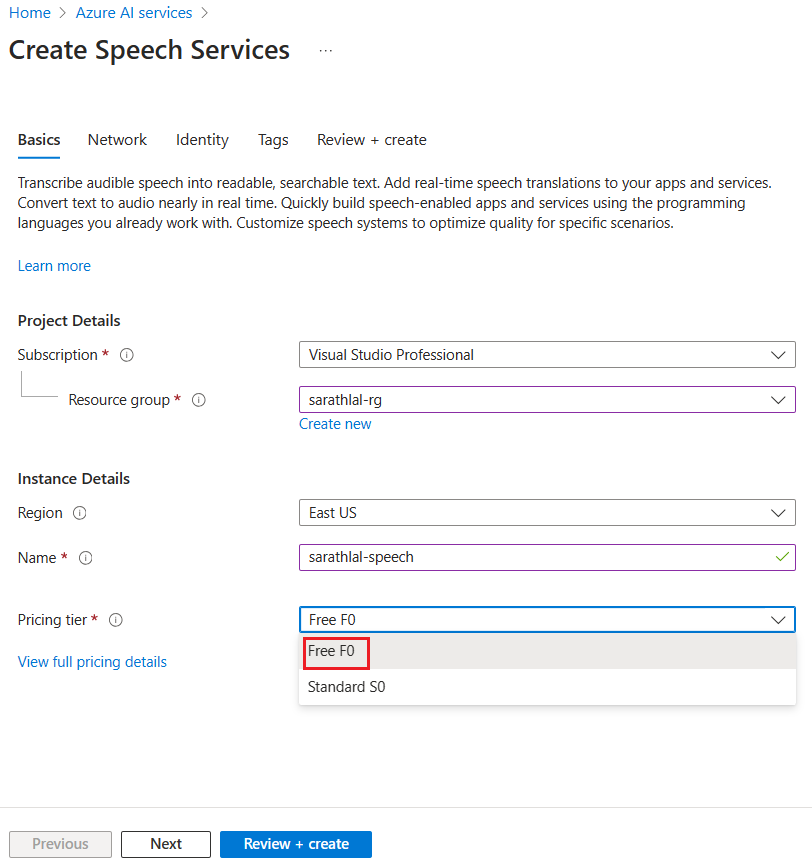 Create Speech Services